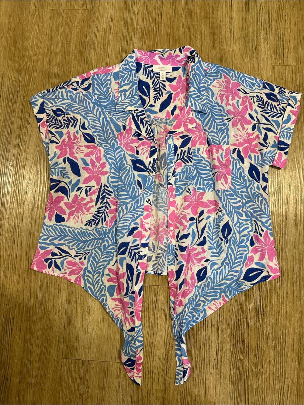 Charter Club linen Pink Blue Floral Tie-Front Button Down Shirt XL